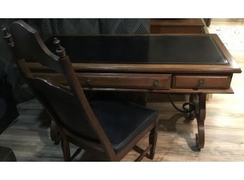 Vintage Black Leather Top Writing Desk & Chair Iron Leg Base