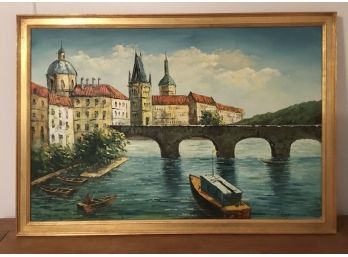 Vintage Signed Oil On Canvas European Bridge Scene, P. Long
