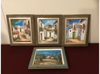 Vintage Oil On Canvas (4) Petite Architecture Houses Signed