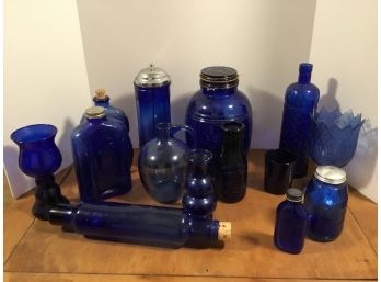 Vintage Cobalt Blue Glass Bottles Lot Of 14