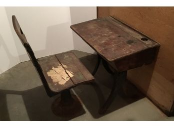 Antique School Desk, Iron Industrial Legs With Matching Chair Iron Base
