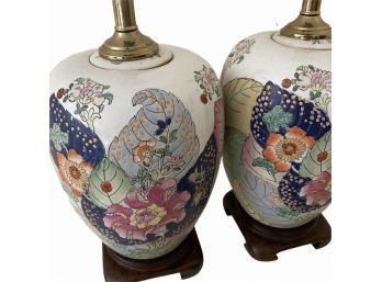 Pair Of 27' Vintage Chinese Jar Table Lamps On Rosewood Bases