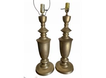 Pair Antique Brass Lamps - 24' Tall W/ Old Patina