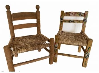 Two Antique Primitive Wood & Rush Doll Chairs