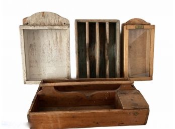 2 Antique Prinitive Wood Cutlery Trays + 2 Knife Holders