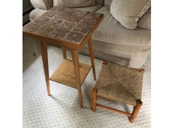 Tile Top Side Table And Wicker Stool