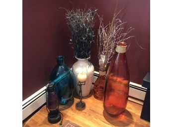 Lot Of Tall Glass Vases And A Metal Figure With Candle