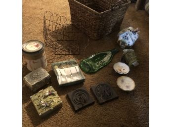 Lot Of Assorted Decorative Items With Basket And New WoodWick Candle