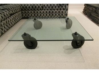 Cool Looking Moving Dolly Coffee Table Industrial Heavy Glass Top On Industrial Type Wheels