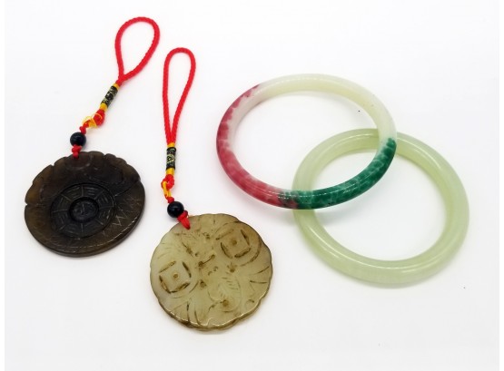 Real Jade Bracelets And Asian Carved Stone Pendants
