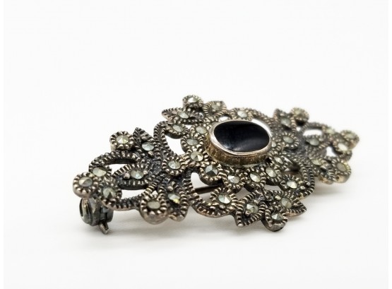Antique Marcasite, Onyx  And Sterling Pin
