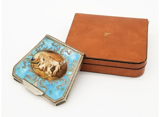 Pre 1934 Italian Silver, Vitreous Enameled Compact With Gold Wash Interior