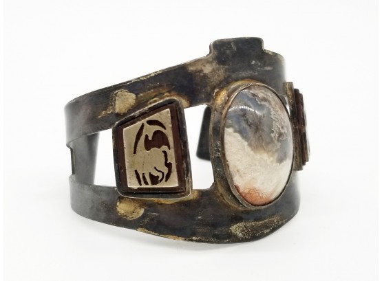 African Sterling Cuff With Large Stone And Giraffe Silhouettes