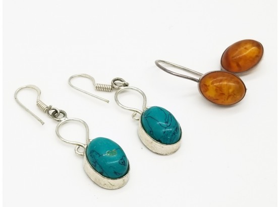 Two Pairs Of Sterling Earrings Turquoise And Amber - AS IS