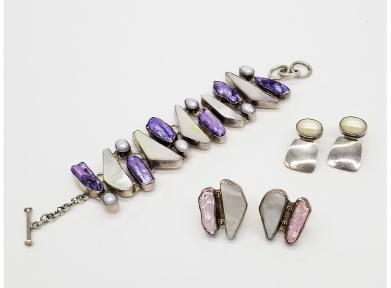 Abalone Iridescent Bracelet And Earrings In Sterling Setting