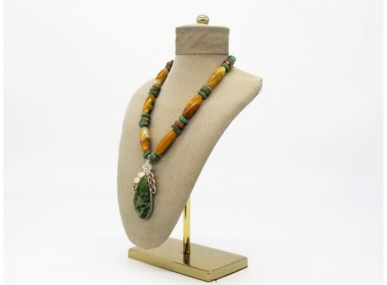 Polished Stone Bead Necklace With Unakite Jasper Pendant