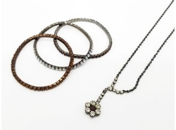 Rhinestone Flower Necklace And Bracelets In Jewel Tones