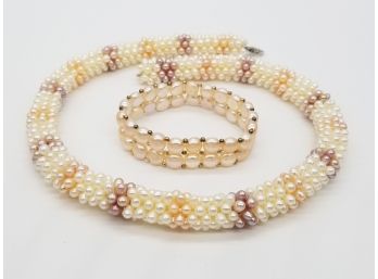 Woven Rope Style Genuine Freshwater Cultured Pearl Necklace & Coin Pearl Bracelet
