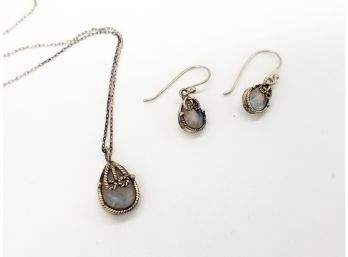 A Necklace And Earrings In Sterling Setting With Moonstone