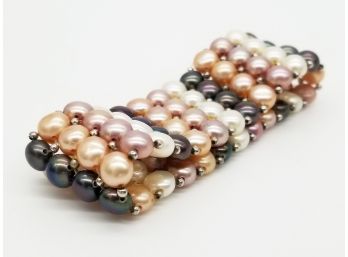Multicolor Genuine Freshwater Pearl Coin Pearls - 5 Rows Woven Mesh Style Stretch Bracelet