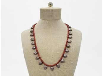 Vintage Sterling And  Red Beaded Necklace