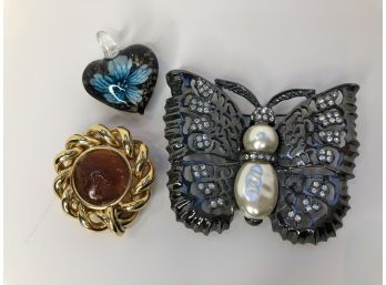 Glass Pendant And 2 Brooches