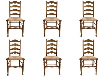 Set Of 6 Wooden Ladder Back  Chairs With Rush Seats