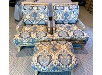 Pair Of Pretty  R. Jones Custom Chairs And One Ottoman Designed By Dennis Christiansen