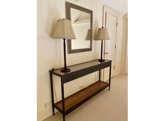 Cane Detail Console Table W/ Glass Top On Casters