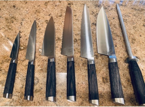 Set Of  Tan Ren By Koi Chef's Cutting Knives & Wood Block Holder, Knife Sharpner