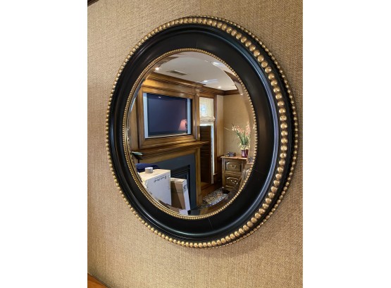 Circular Ebony Wall Mirror W/ Double Gilt Beaded Trim & Bevel Edge