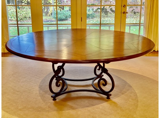 82' D Circular Dining Table W/ Star Engraved Design & Iron Scroll Base W/ 8 Dining Chairs