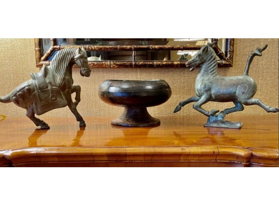 Cast Iron Horses And Wood Bowl