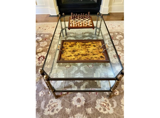 Iron & Glass Two Tier Cocktail Table W/ Brass Finish Trim