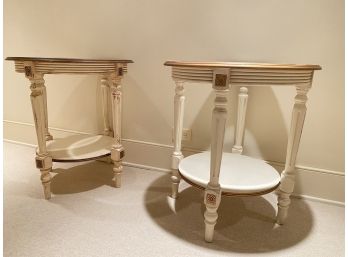 PR Of Italian White Wash Round Side Tables W/ Glass Top