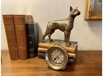 Brass Boxer Dog Figure, Brass Clock & Books Decorative Group - Brass Dog , Books & Clock