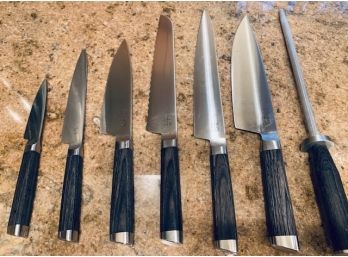 Set Of  Tan Ren By Koi Chef's Cutting Knives & Wood Block Holder, Knife Sharpner