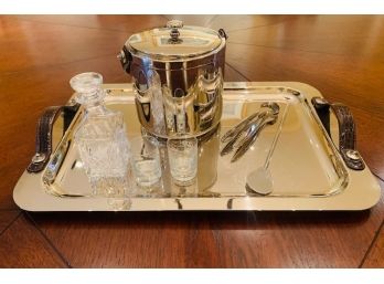 Towle Silverplated Serving Tray W/ Reptile Finsh Handles, Ice Bucket, Decanter