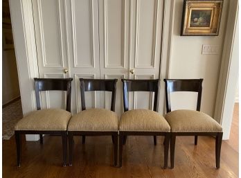 Set Of Four Baker Style Chairs In Ebony Lacquer Finish W/ Sage Custom Upholstery