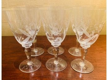 Etched Crystal Set Of 6 Wine Glasses W/Marking