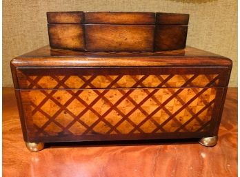 Decorative Wood Inlay Cigar Box On Brass Feet & Small Octagonal Bin W/ Felted Btm