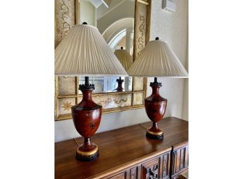 Pair Of Urn Style Accent Lamps W/ Pleated Silk Shade