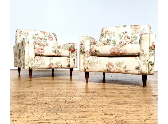 Pair Of Rose Floral Chairs With Midcentury Lines - And Boho Appeal