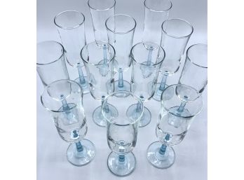 Wheaton Fine Glass Set Of 12 Champagne Flutes With Light Blue Rim