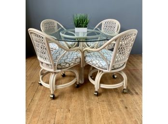 White Washed Bamboo And Glass Dinette Set With 4 Swivel/ Rolling Chairs