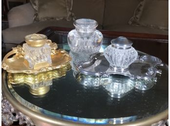 Three Fantastic Antique Ink Wells / All Cut Crystal - Very Nice Grouping - All Good Condition
