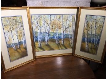 Gorgeous Triptych Watercolors By REBECCA HILLEY - Listed Artist - Birch Trees - FABULOUS PIECES !