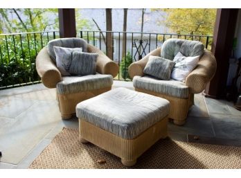 Pair Indoor/Outdoor Oversize  Side Chairs & Ottoman  By Palm Springs Resin Wicker (Paid $2500 For The Entire S