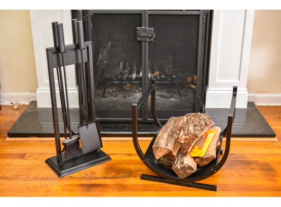 Four Piece Fireplace Tool Set With Stand And Log Holder (logs Included)