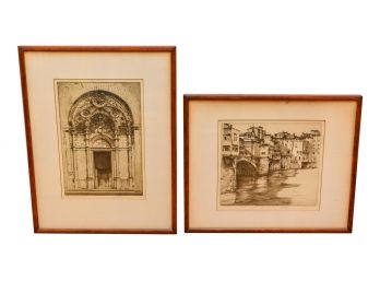 Pair Of Signed Framed Antique Ernest D. Roth Etchings Dated 1912